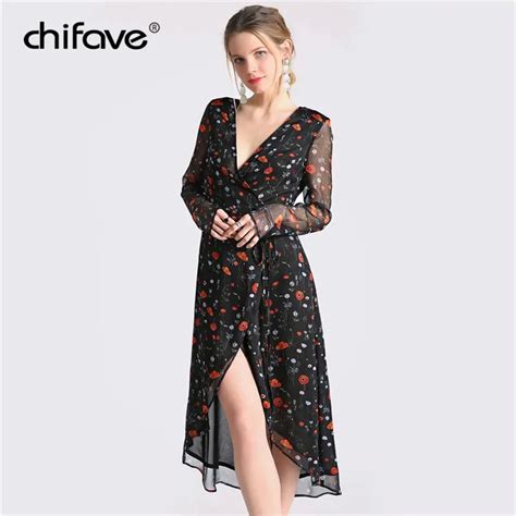 2018 Sexy Women Dress Vintage Floral Chiffon Wrap Dress Long Sleeve V Neck High Low Long Maxi