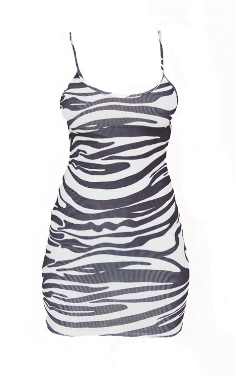 Monochrome Zebra Ribbed Strappy Bodycon Dress Prettylittlething Qa