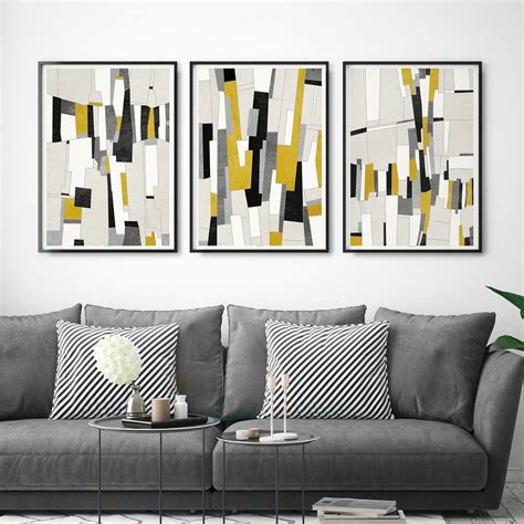 Large Abstract Prints Set Of 3 Modern Wall Decor Mustard Etsy Uk