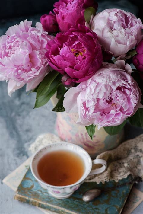 Cup Of Tea With Peonies Stock Image Image Of Party 150967307