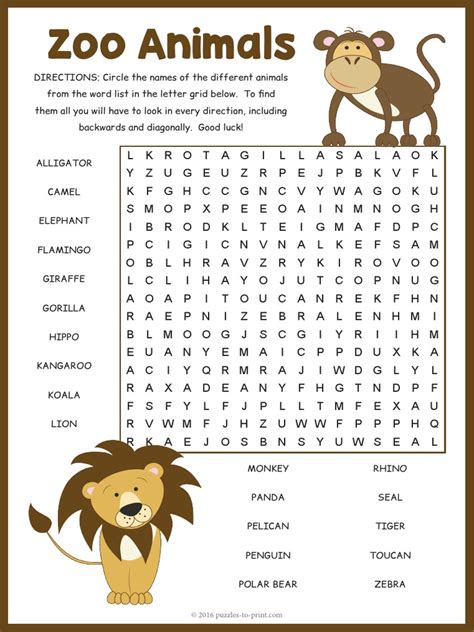 Zoo Animals Word Search Organisms Leisure