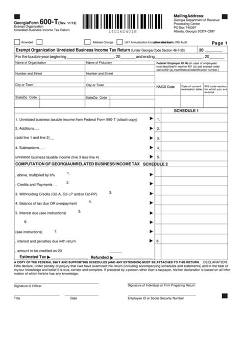 Fillable Georgia Form 600 T Exempt Organization Unrelated Business