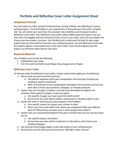 Portfolio And Reflective Cover Letter Assignment Sheet The Final