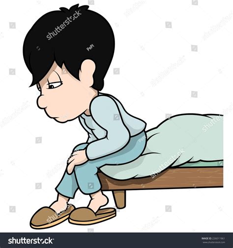 Boy Sitting On Bed Cartoon Illustration 스톡 벡터로열티 프리 226011961