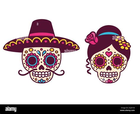 Cartoon Mexican Sugar Skulls Couple For Dia De Los Muertos Day Of The