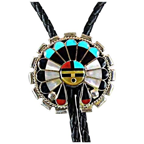 Vintage Zuni Inlay Bolo Tie With Sun Face Kachina Native American SOLD