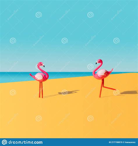 A Pink Flamingo Toy Standing And Waiting Flamingo Toy Running Toward On