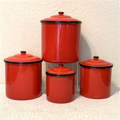 Vintage Mcm Enamelware Red Canisters Set Of 4 Japan Etsy Red