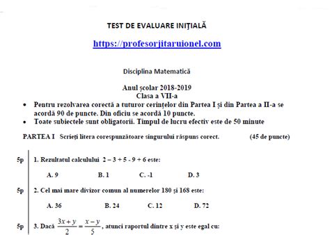 Test Initial Matematica Clasa A 7 A Cu Rezolvare Barem An Scolar