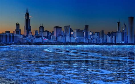 Ice Blue Cityscape Of Lakefront Chicago Hdr Wallpaper Travel And