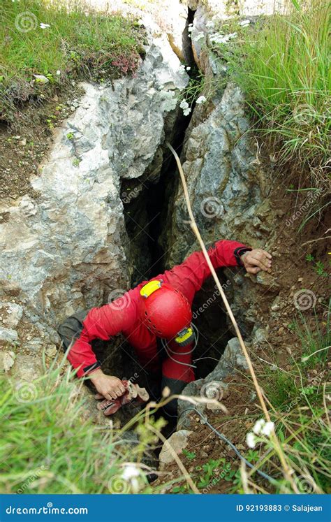 Caver Descends In A Cave Stock Image Image Of Geology 92193883