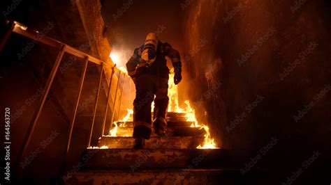 Fotografie Obraz Strong And Brave Firefighter Going Up The Stairs In