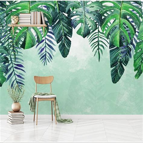 Beibehang Nordic Minimalist Hand Painted Fresh Tropical Leaves Tv Sofa