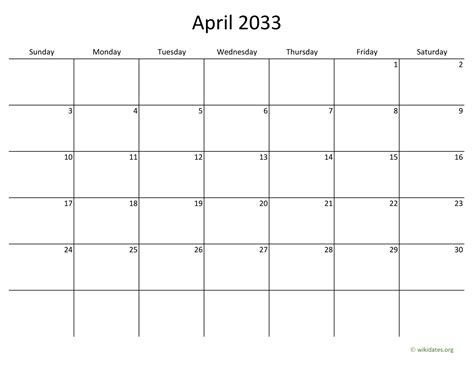 April 2033 Calendar With Bigger Boxes