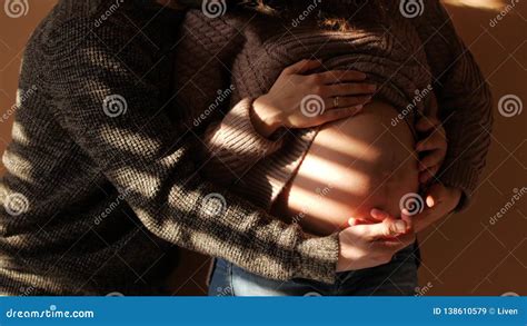 Dad Hands On Pregnant Tummy Pregnant Couple Caressing Pregnant Belly Expectant Mother Care