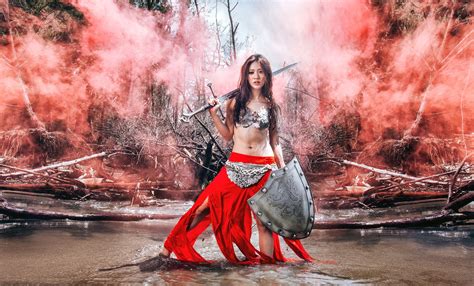 wallpaper women model fantasy art fantasy girl red asian sword fashion warrior shield