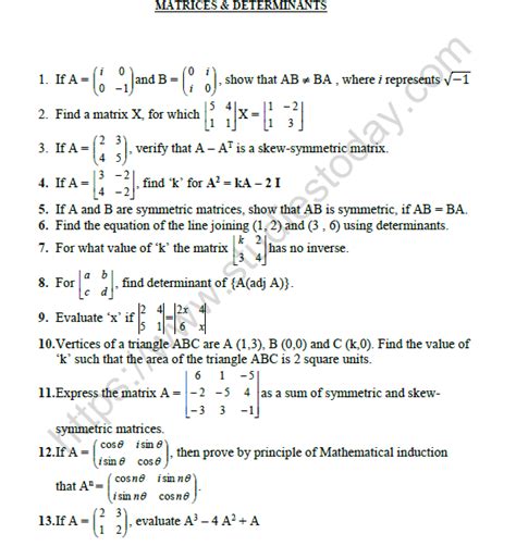 Cbse Class 12 Mathematics Matrices And Determinants Worksheet Set A
