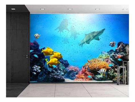 Large Wall Mural Aquarium With Coral Reef Colorful Fish Groups Sharks