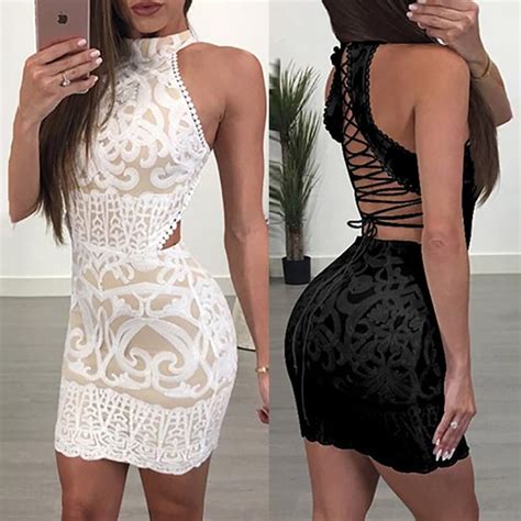 Appliqued Lace Up Halter Cocktail Party Bodycon Dress Bodycon Dress
