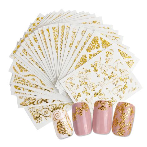 20sheets gold 3d nail art stickers hollow decals mixed designs adhesive flower nail tips