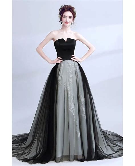 Strapless Black Long Prom Gowns With Grey Lace Agp Gemgrace Com