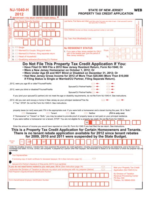 Fillable Form Nj 1040 H Property Tax Credit Application 2012