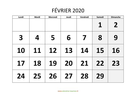 Calendrier Février 2020 à Imprimer
