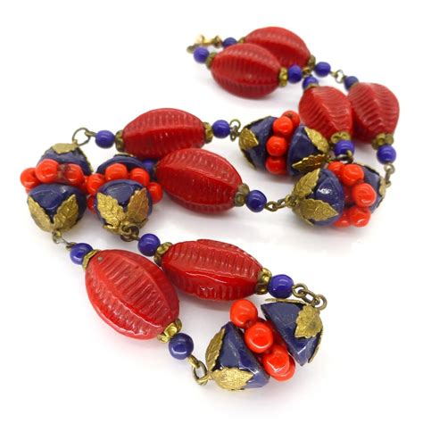 Vintage Art Deco Czech Red Blue Glass Bead Necklace Clarice