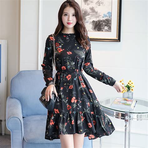 Korean Fashion 2018 New Fashion Women Long Sleeve Floral Print Dress