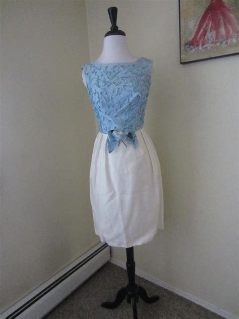 vintage 1950 s 60 s blue and white wiggle dress soutach… gem
