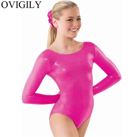 wholesale womens black long sleeve leotard bodysuit lycra spandex shiny metallic gymnastics