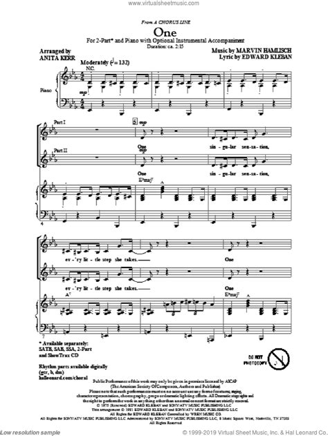 Each song begins with a short introduction, and then a verse quickly followed by a chorus and so on. Hamlisch - One (from A Chorus Line) sheet music for choir (2-Part)