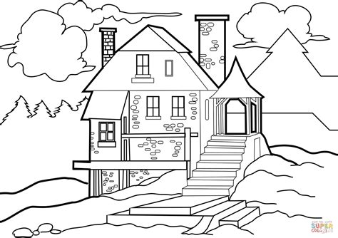 Two story house with garage. House in the Wilderness coloring page | Free Printable Coloring Pages