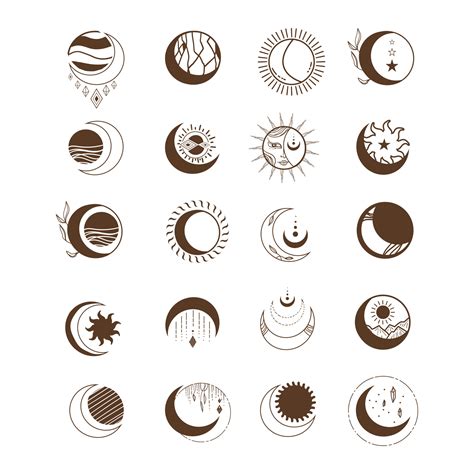 Collection Of Moon And Sun Hand Drawn Bohemian Linear Logos Icons And