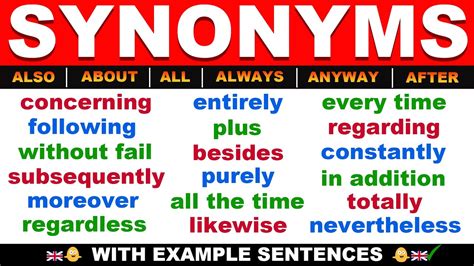 English Synonym Words For Also About All Always Anyway After