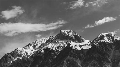 Hd Wallpaper Snow Covered Mountain Range In Grayscale Photography