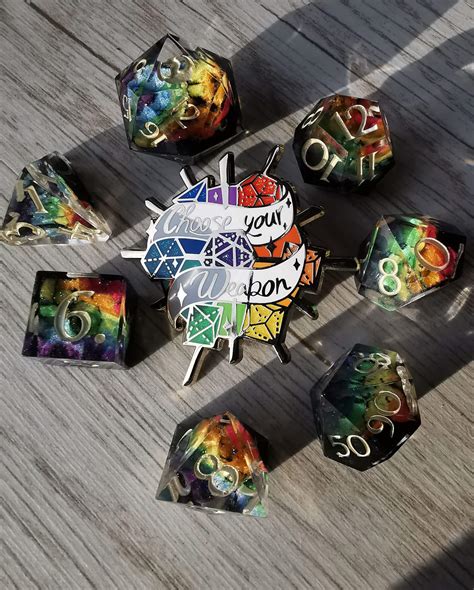 Choose Your Weapon Dungeons And Dragons Dice Enamel Pin Geek And Artsy