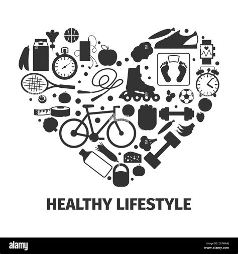 healthy lifestyle heart with sport icons silhouettes vwector illustration stock vector image
