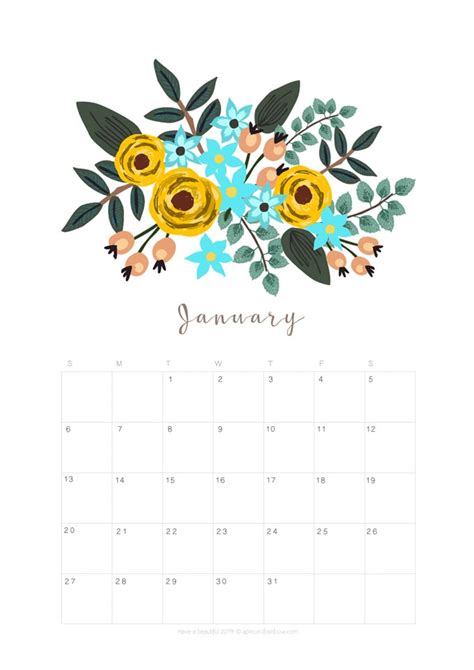 Printable January 2019 Calendar Monthly Planner 2 Designs Flowers