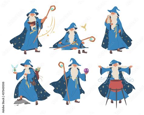 Wizard Magician Cartoon Character Set Flat Vector Illustration Old