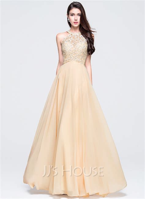 A Line Princess Scoop Neck Floor Length Chiffon Prom Dresses With