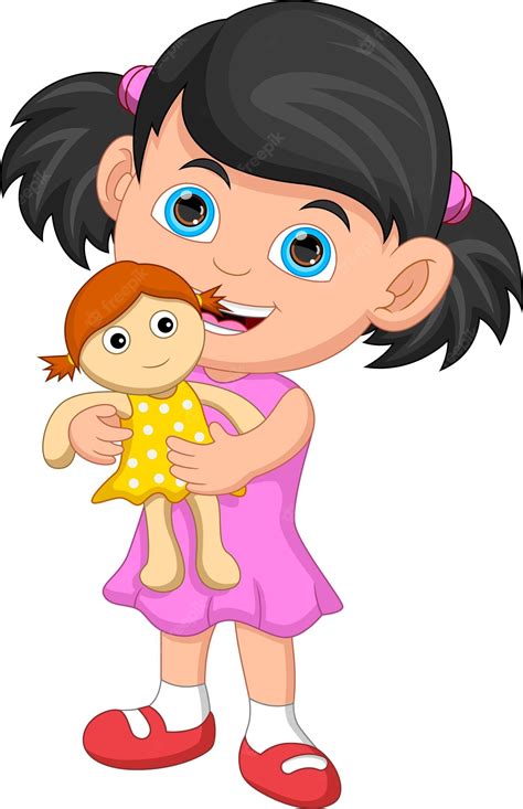 Premium Vector Cartoon Little Girl Holding A Doll