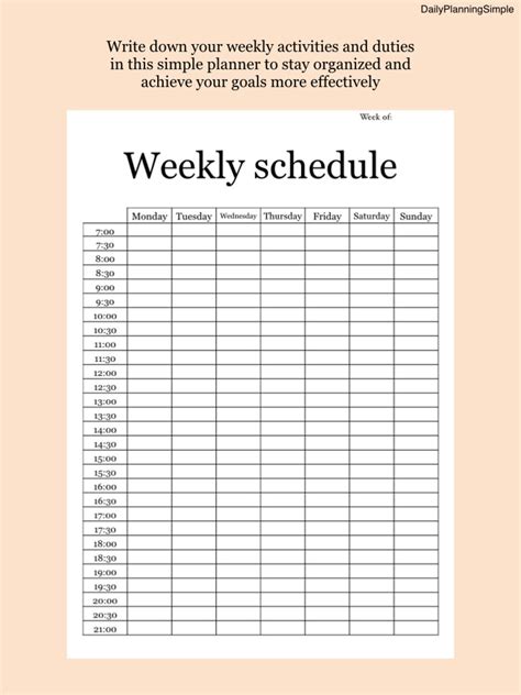 Weekly Schedule Half Hour Week At A Glance Weekly Planner Etsy