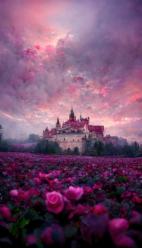 Beutiful Pink Sunset At The Castle Surrounded By Roses Field Stock