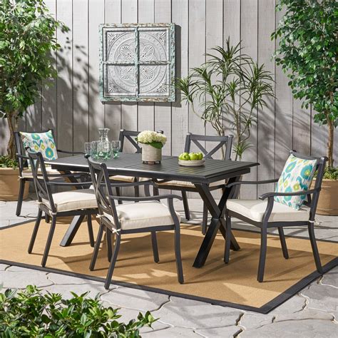 Outdoor Expandable 7 Piece Cast Aluminum Dining Set with Cushions,Ivory ...