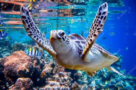 Premium Photo Sea Turtle Swims Under Water On The Background Of Coral