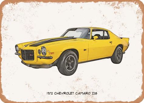 Classic Car Art 1972 Chevy Camaro Z28 Pencil Sketch Rusty Look