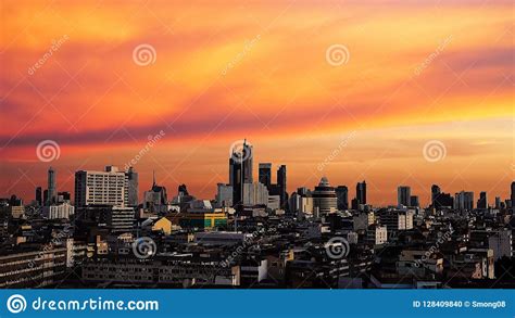 Top View Bangkok City Buildings Sunset Twilight Orange Sky