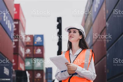 Portrait Caucasian Woman With Container Box Shipping Logistics