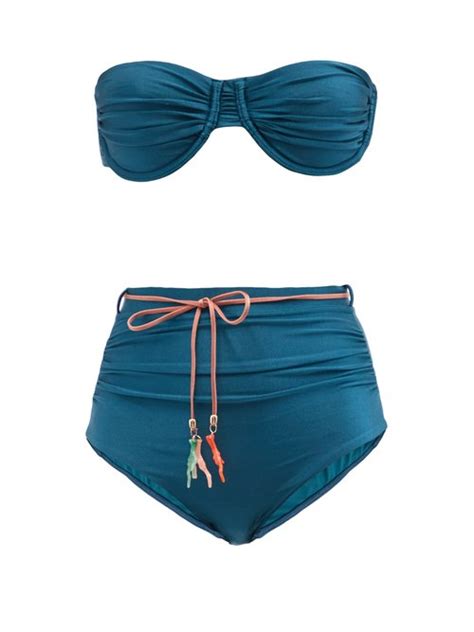 Zimmermann Cassia Tie Waist Ruched Bandeau Bikini Blue Beachwear